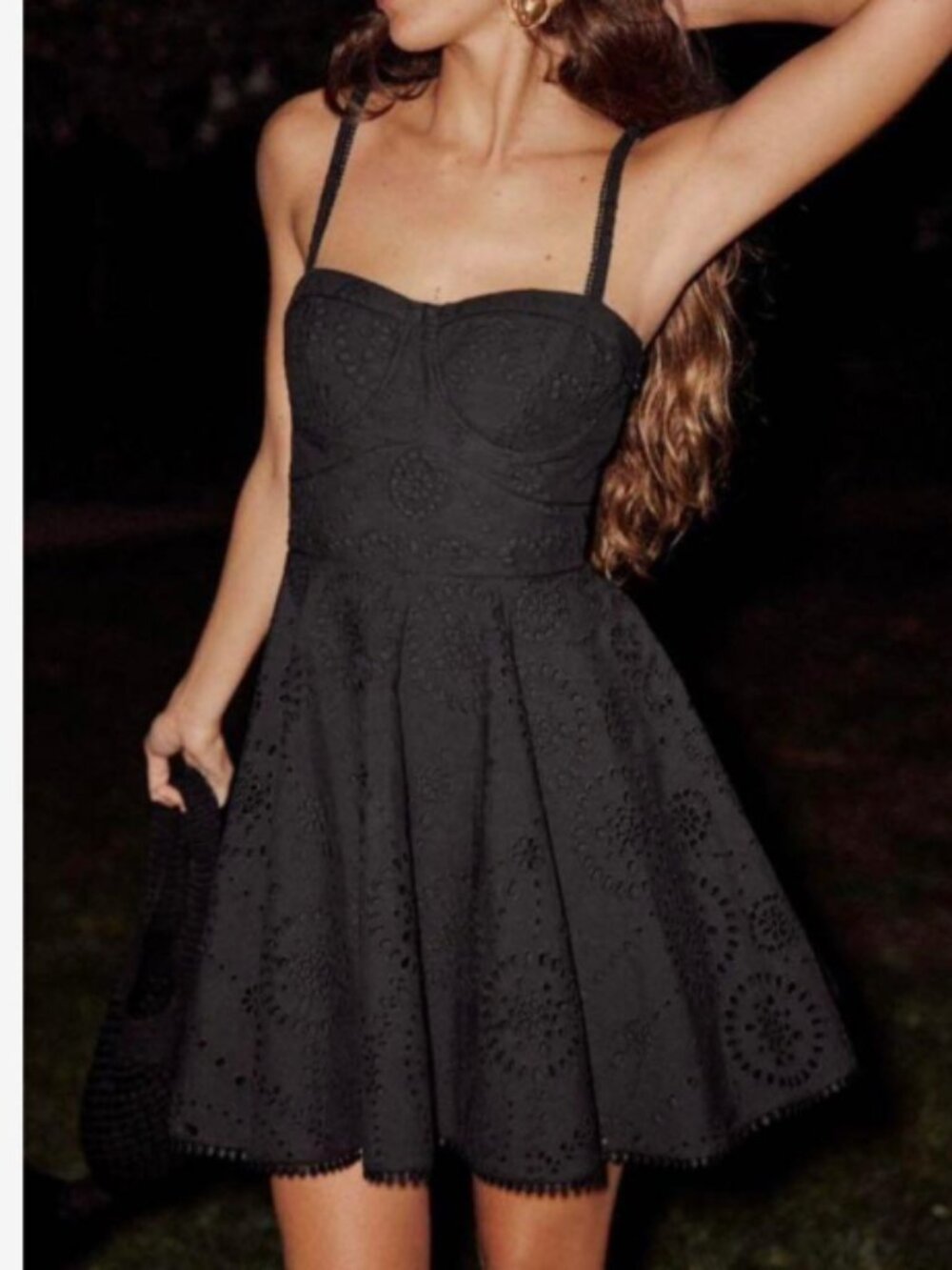Zara Black Eyelet Mini Dress Size S Cotton Corset Sweetheart Fit Flare